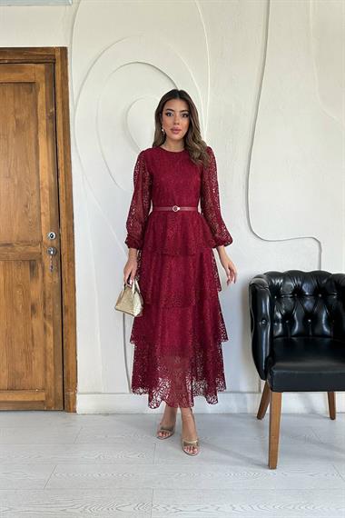 Toptan Bordo Kat Kat Dantelli Elbise