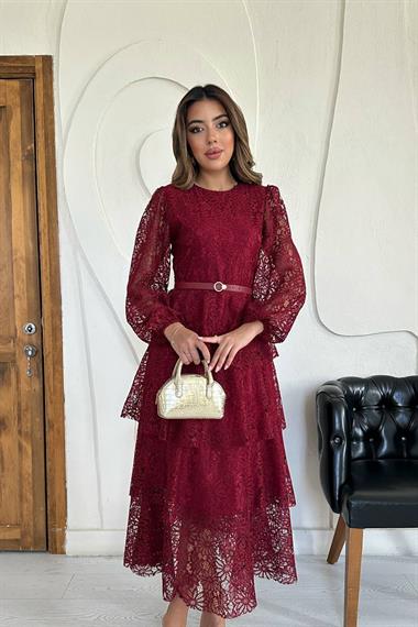 Toptan Bordo Kat Kat Dantelli Elbise