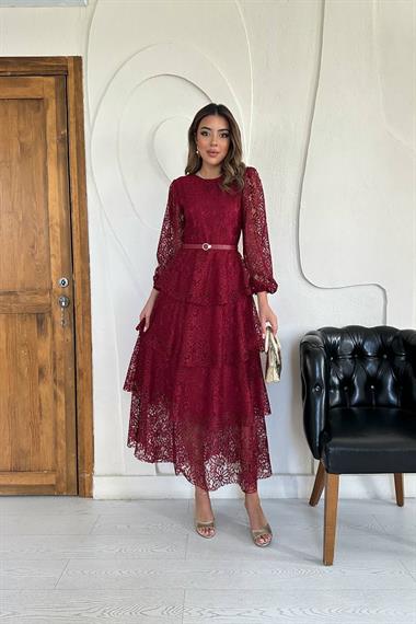 Toptan Bordo Kat Kat Dantelli Elbise