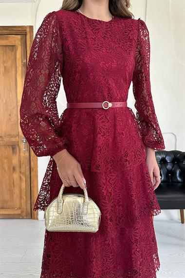 Toptan Bordo Kat Kat Dantelli Elbise