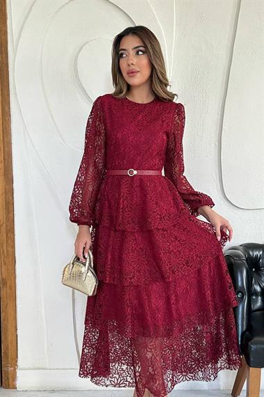 Toptan Bordo Kat Kat Dantelli Elbise