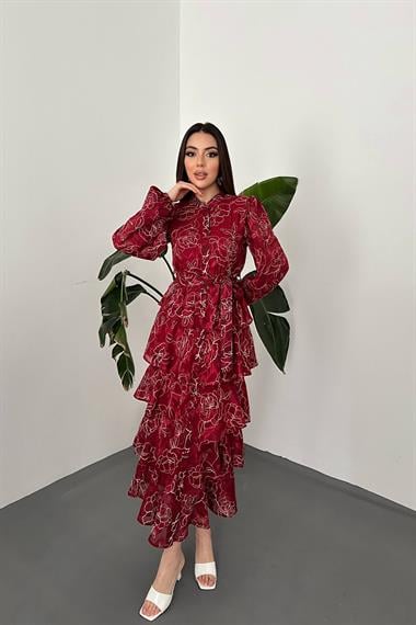 Toptan BORDO Kat Kat Jakarlı Elbise