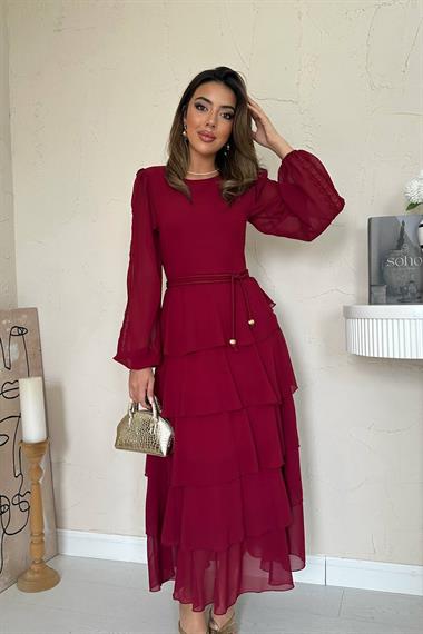 Toptan Bordo Kat Kat Şifon Elbise