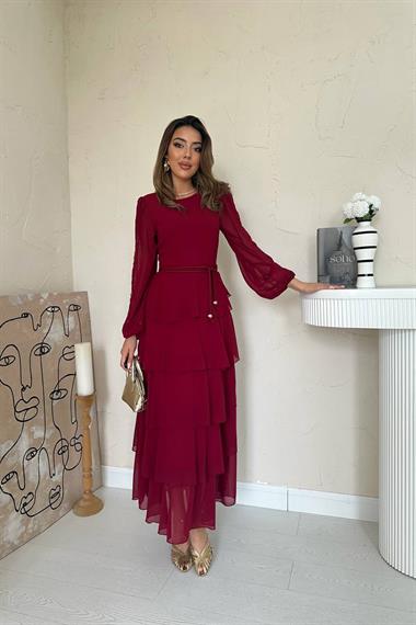 Toptan Bordo Kat Kat Şifon Elbise
