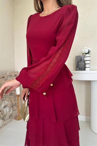 Toptan Bordo Kat Kat Şifon Elbise