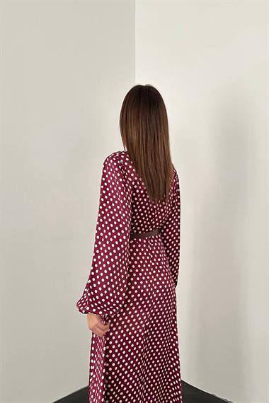 Toptan Bordo Kemer Detaylı Puantiyeli Elbise