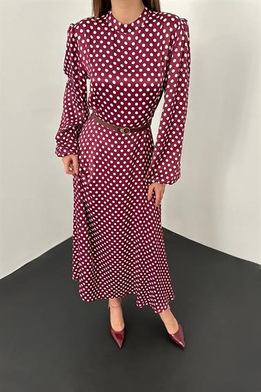Toptan Bordo Kemer Detaylı Puantiyeli Elbise