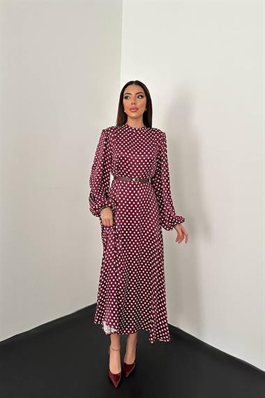 Toptan Bordo Kemer Detaylı Puantiyeli Elbise