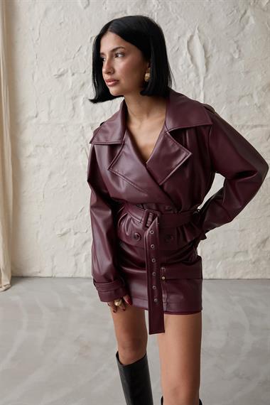 Toptan Bordo Kemerli Deri Ceket