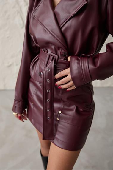 Toptan Bordo Kemerli Mini Deri Etek