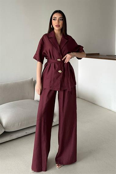 Toptan Bordo Keten Gömlekli Takım