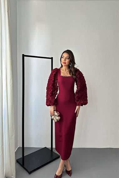 Wholesale Burgundy Satin Dress with Floral Sleeves