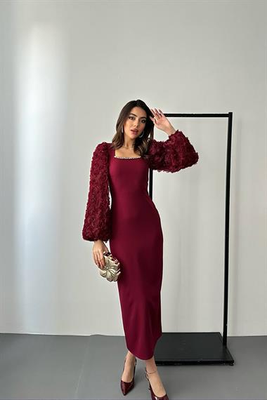 Wholesale Burgundy Satin Dress with Floral Sleeves