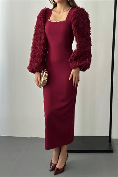 Wholesale Burgundy Satin Dress with Floral Sleeves