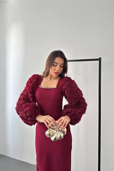 Wholesale Burgundy Satin Dress with Floral Sleeves