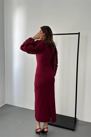 Wholesale Burgundy Satin Dress with Floral Sleeves