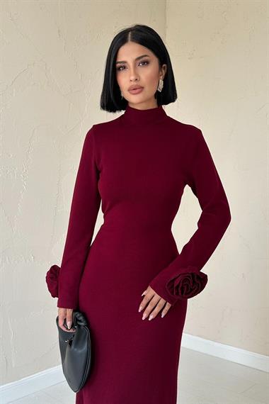 Toptan Bordo Kolları Güllü Triko Elbise