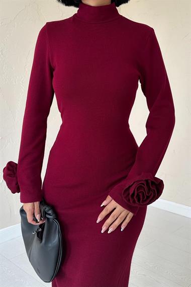 Toptan Bordo Kolları Güllü Triko Elbise