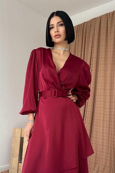 Toptan Bordo Kruvaze Yaka Saten Elbise