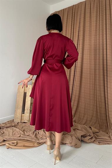 Toptan Bordo Kruvaze Yaka Saten Elbise