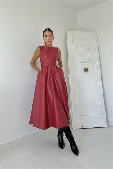 Toptan Bordo Kuşaklı Deri Elbise