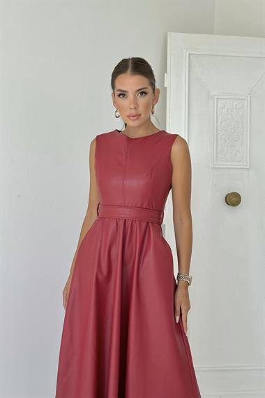 Toptan Bordo Kuşaklı Deri Elbise