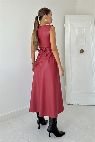 Toptan Bordo Kuşaklı Deri Elbise