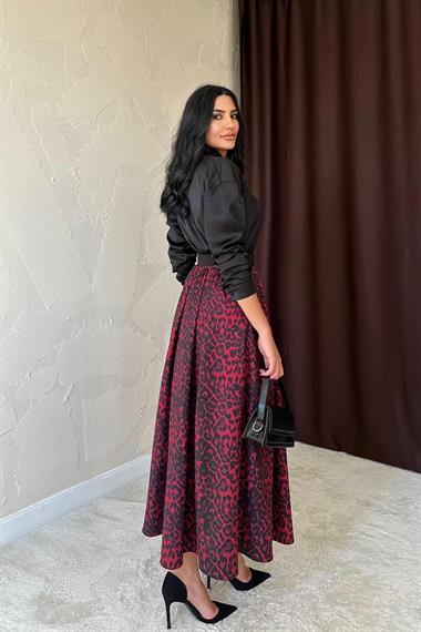 Toptan Bordo Leopar Büzgülü Uzun Etek