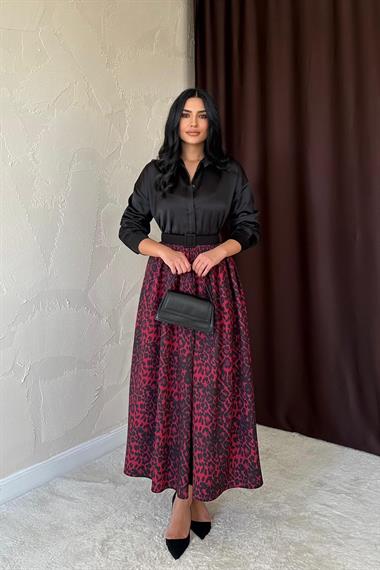 Toptan Bordo Leopar Büzgülü Uzun Etek