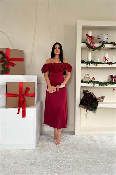 Toptan Bordo Omuz Büzgülü Saten Elbise