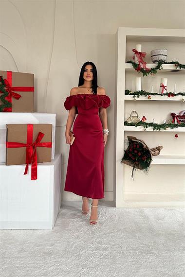 Toptan Bordo Omuz Büzgülü Saten Elbise