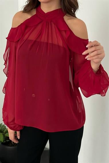 Toptan Bordo Omuzları Açık Bluz
