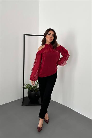 Toptan Bordo Omuzları Açık Bluz