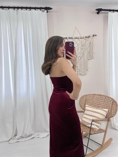 Toptan Bordo Omzu Açık Kadife Elbise