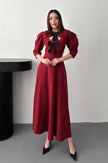 Toptan Bordo Ön Dekolteli Fiyonk Garnili Uzun Elbise