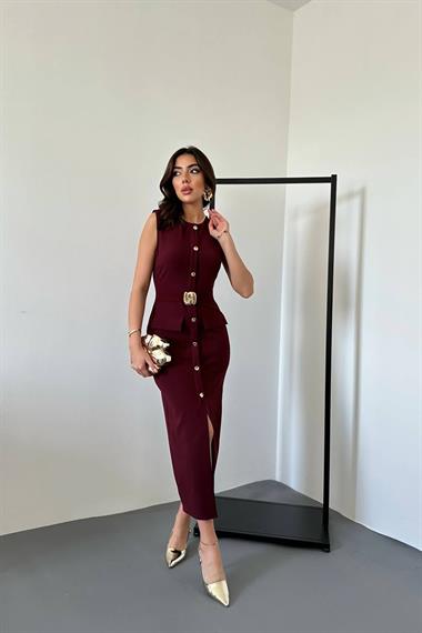 Toptan Bordo Önden Lastik Tokalı Elbise