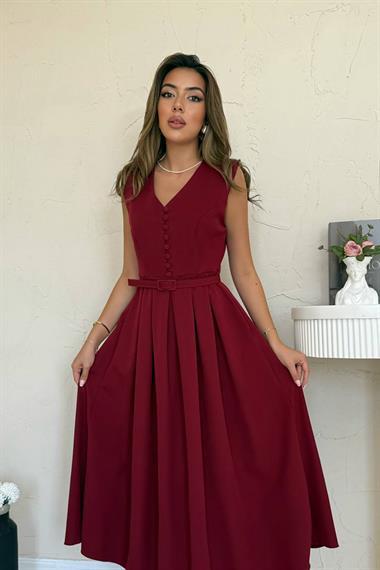 Toptan Bordo Önü Britli Pileli Elbise