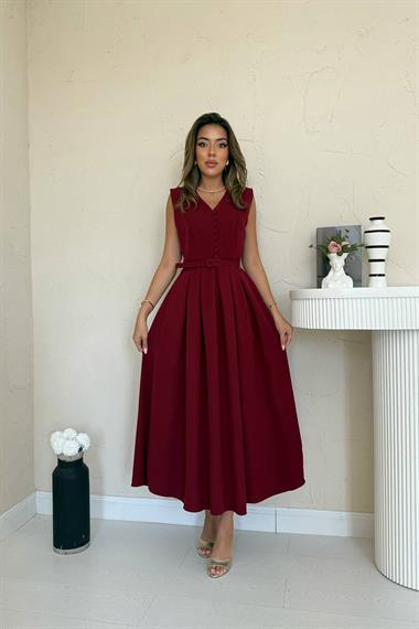 Toptan Bordo Önü Britli Pileli Elbise