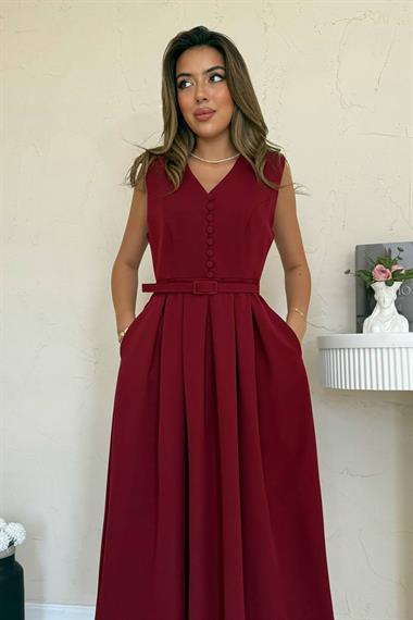 Toptan Bordo Önü Britli Pileli Elbise