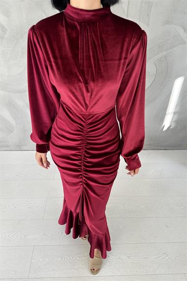 Toptan Bordo Önü Büzgülü Dik Yaka Elbise