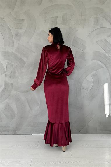 Toptan Bordo Önü Büzgülü Dik Yaka Elbise