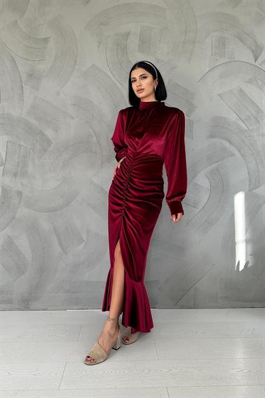 Toptan Bordo Önü Büzgülü Dik Yaka Elbise