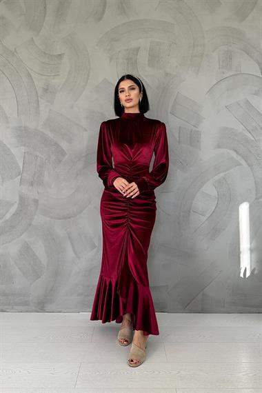 Toptan Bordo Önü Büzgülü Dik Yaka Elbise