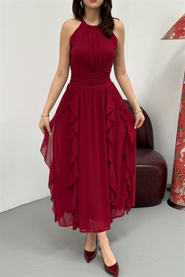 Toptan Bordo Önü Büzgülü Fırfırlı Elbise