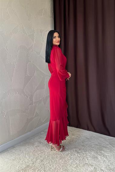 Toptan Bordo Önü Büzgülü Şifon Elbise