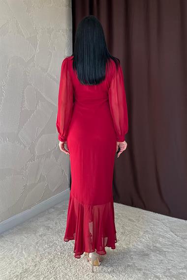 Toptan Bordo Önü Büzgülü Şifon Elbise