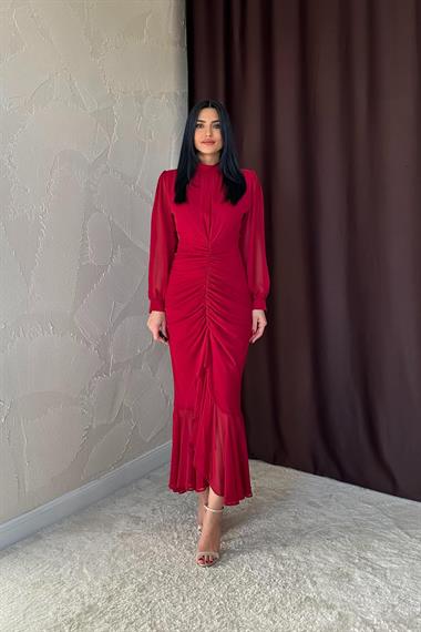 Toptan Bordo Önü Büzgülü Şifon Elbise