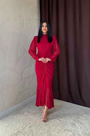 Toptan Bordo Önü Büzgülü Şifon Elbise