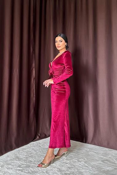 Toptan Bordo Önü Yırtmaçlı Güllü Elbise