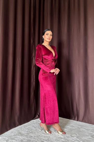 Toptan Bordo Önü Yırtmaçlı Güllü Elbise